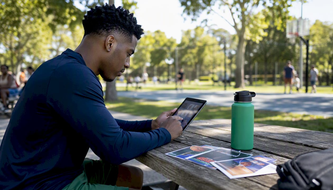 Hands navigating court reservation app on tablet