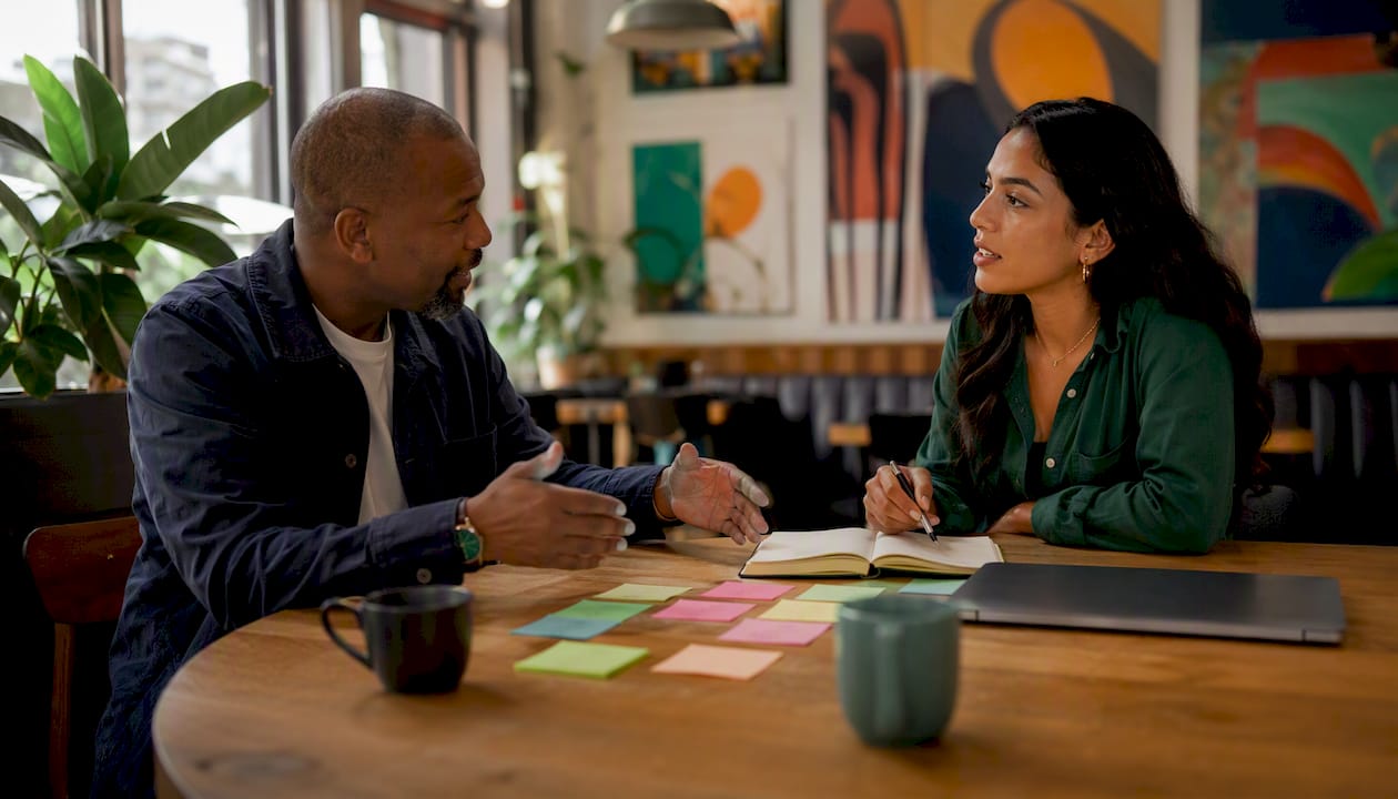 Two professionals discussing early bird sales strategy