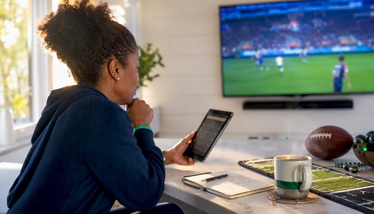 Woman viewing live World Cup group standings at home