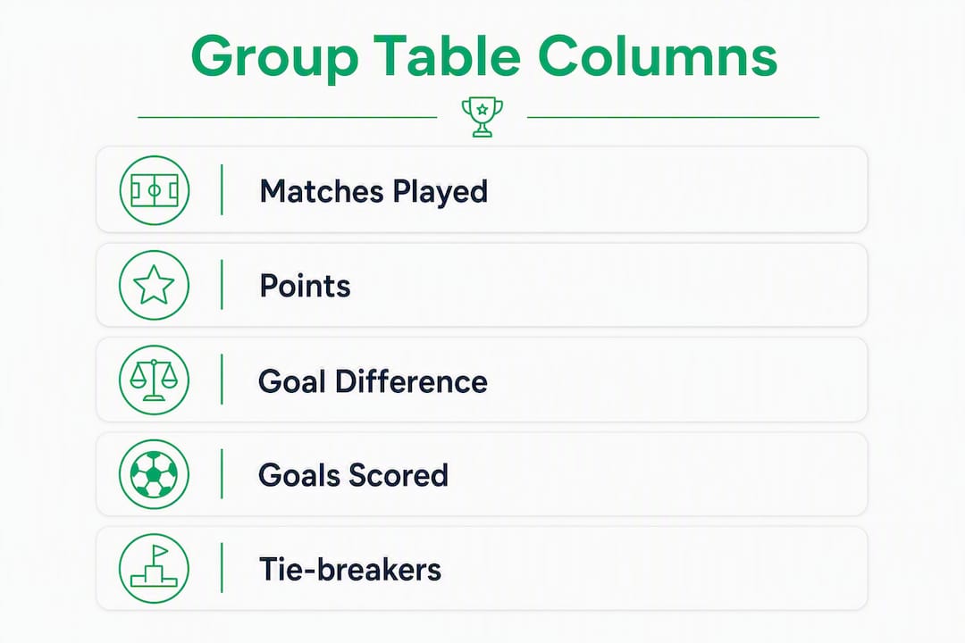 Infographic explaining World Cup group table columns and tie-breakers
