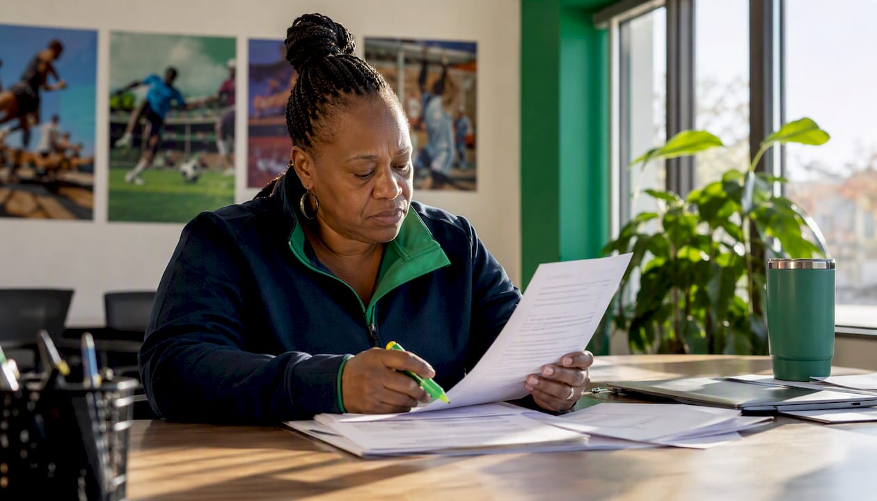 Woman reviewing refund policy document