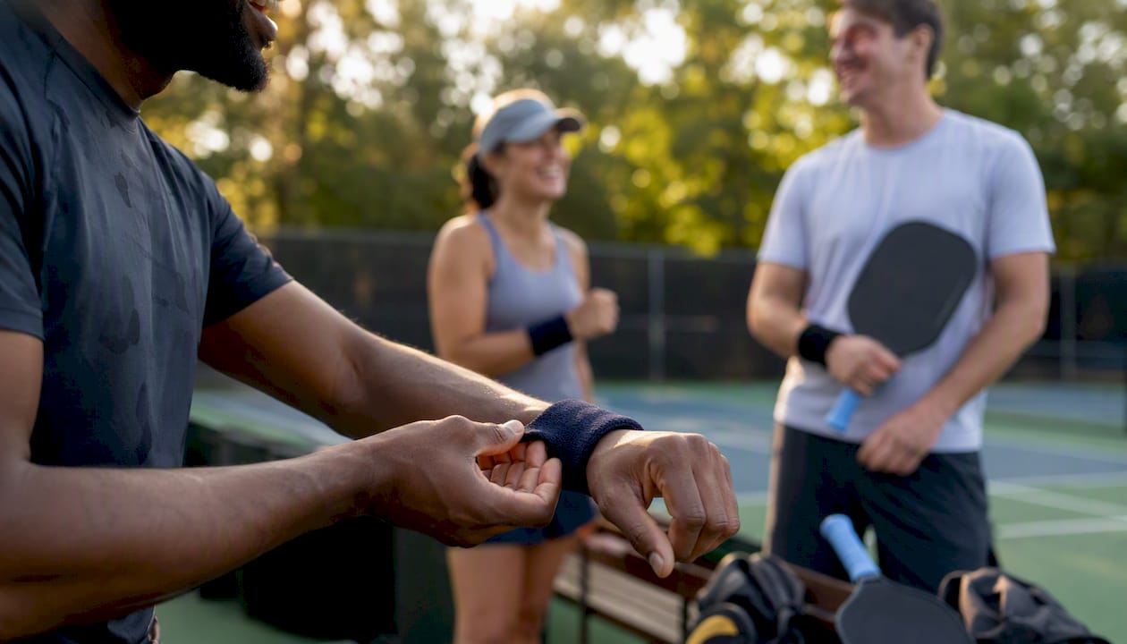 Hands placing wristbands on pickleball players