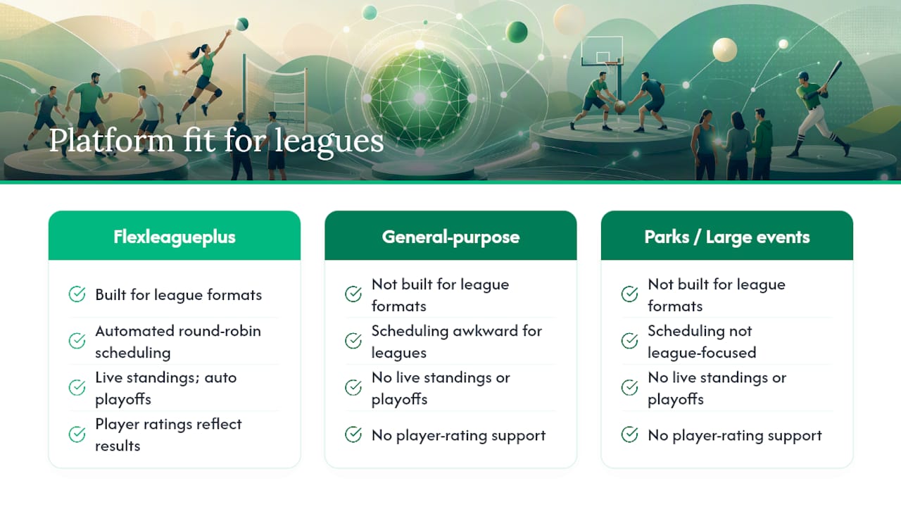 Why league-specific software beats general-purpose platforms — overview diagram