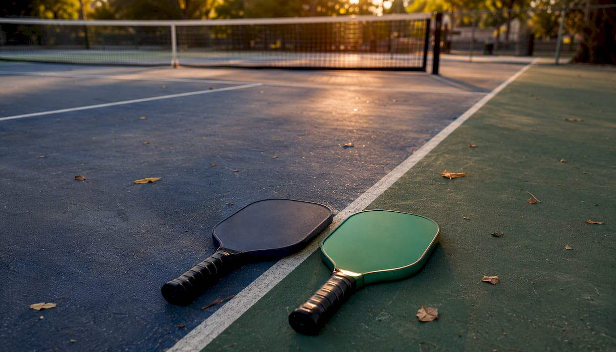 Two pickleball paddles on court surface