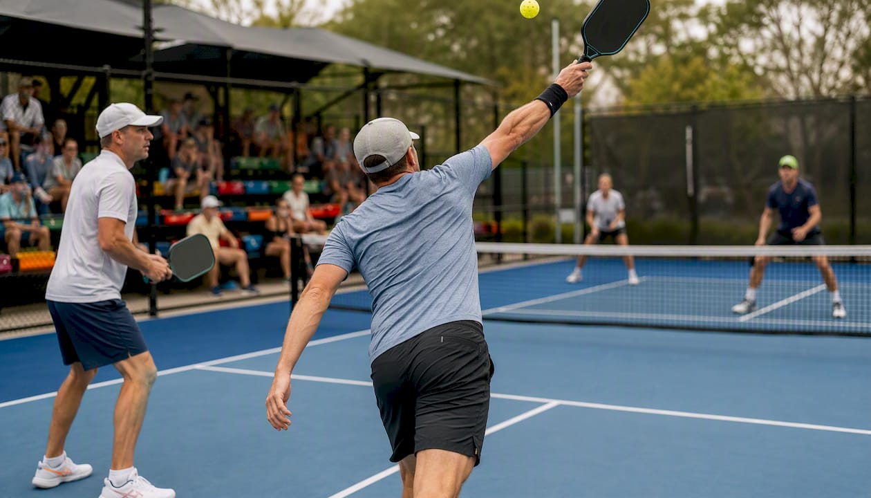 Pickleball doubles players volleying in match