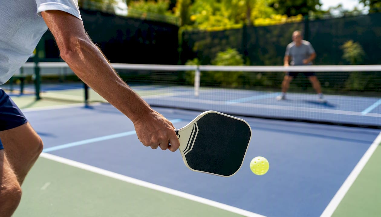 Pickleball player striking ball mid-game