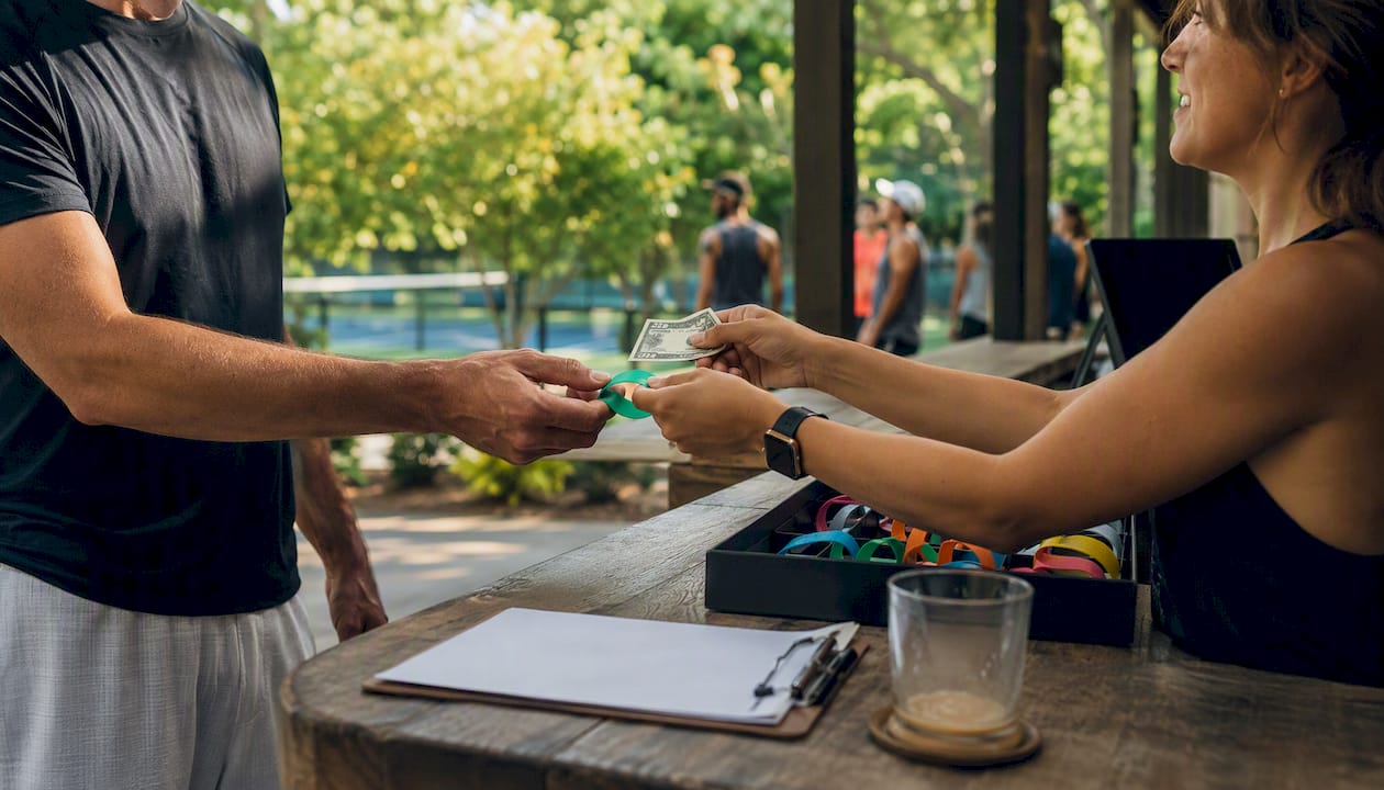 Hands exchanging cash and wristband at registration desk