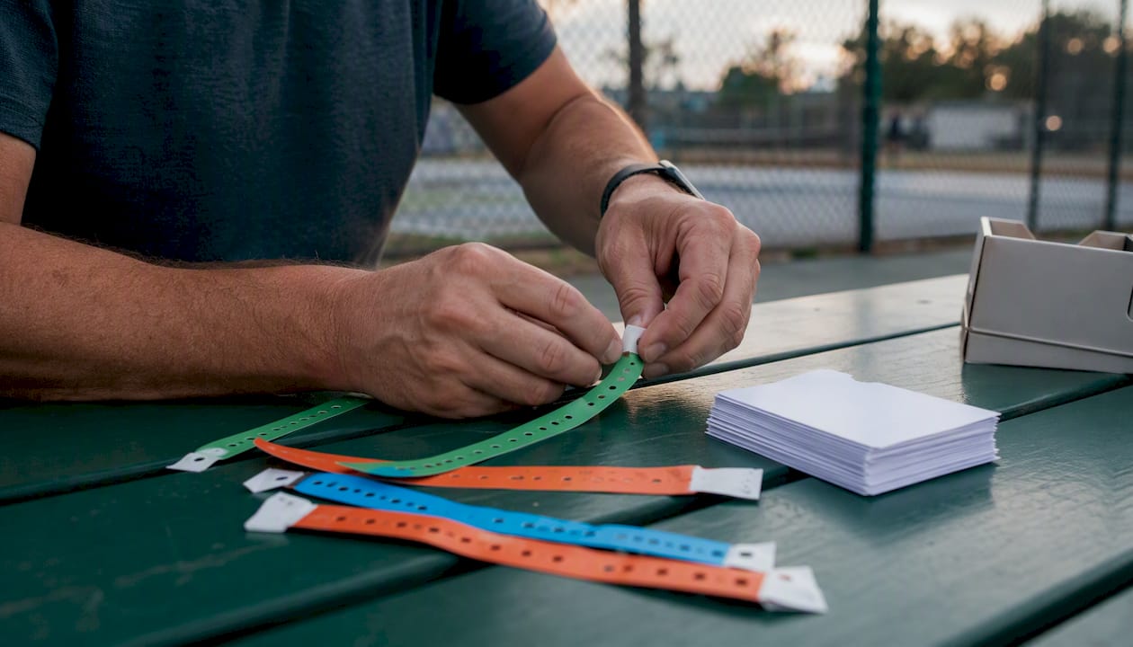 Hands preparing registration wristbands