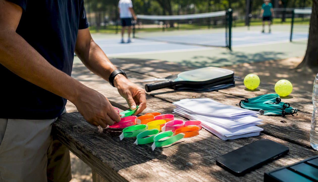 Hands organizing wristbands and payments outdoors