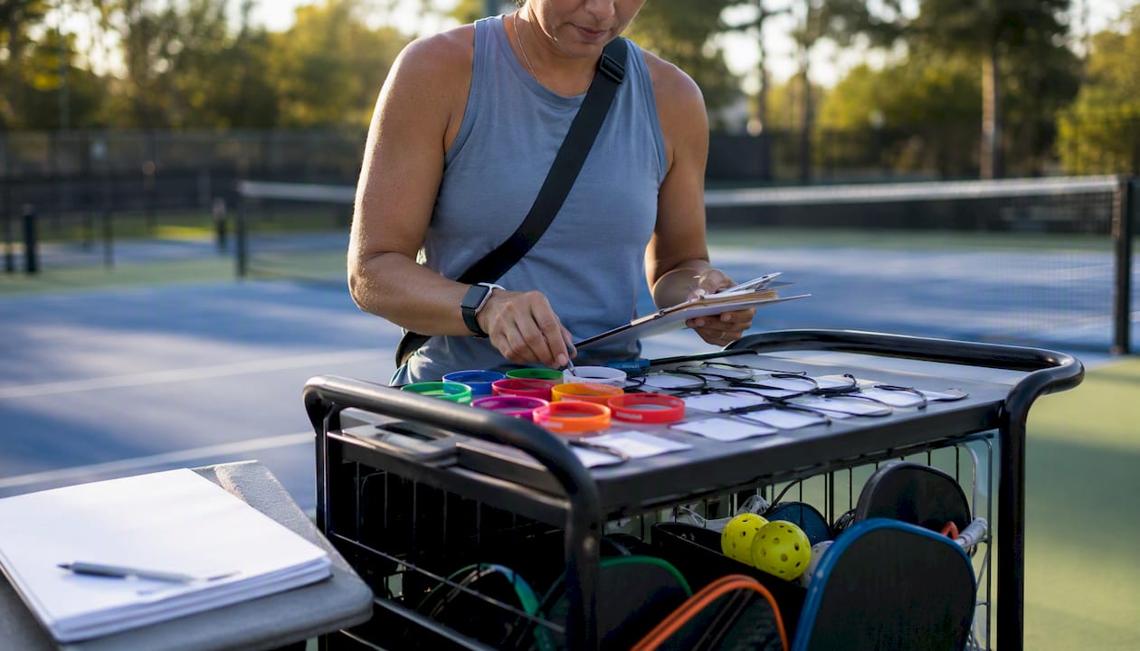 Manager organizing wristbands and materials at pickleball court