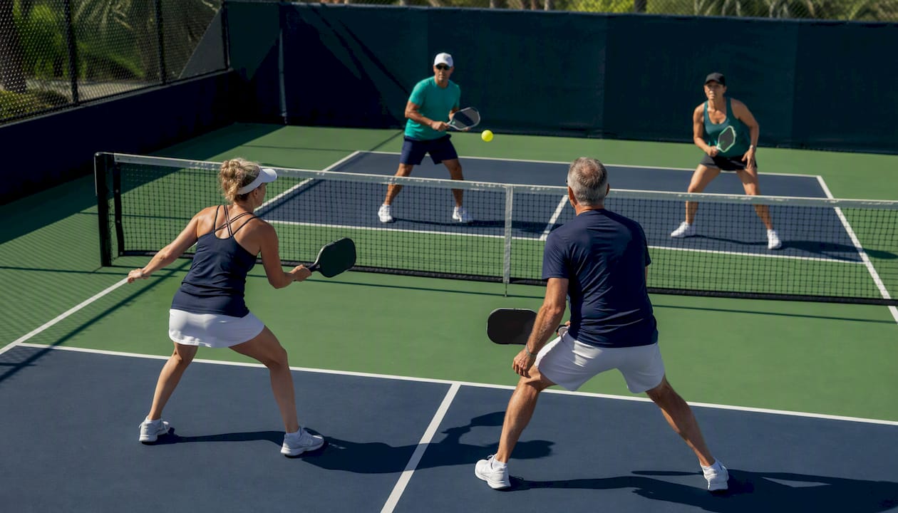 Mixed doubles pickleball players volleying mid-match