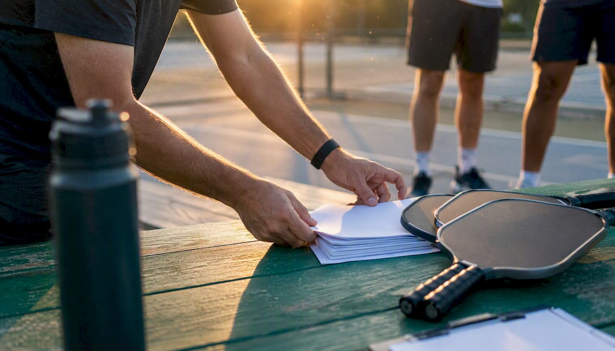 Captain hands arranging paddles and rosters outdoors