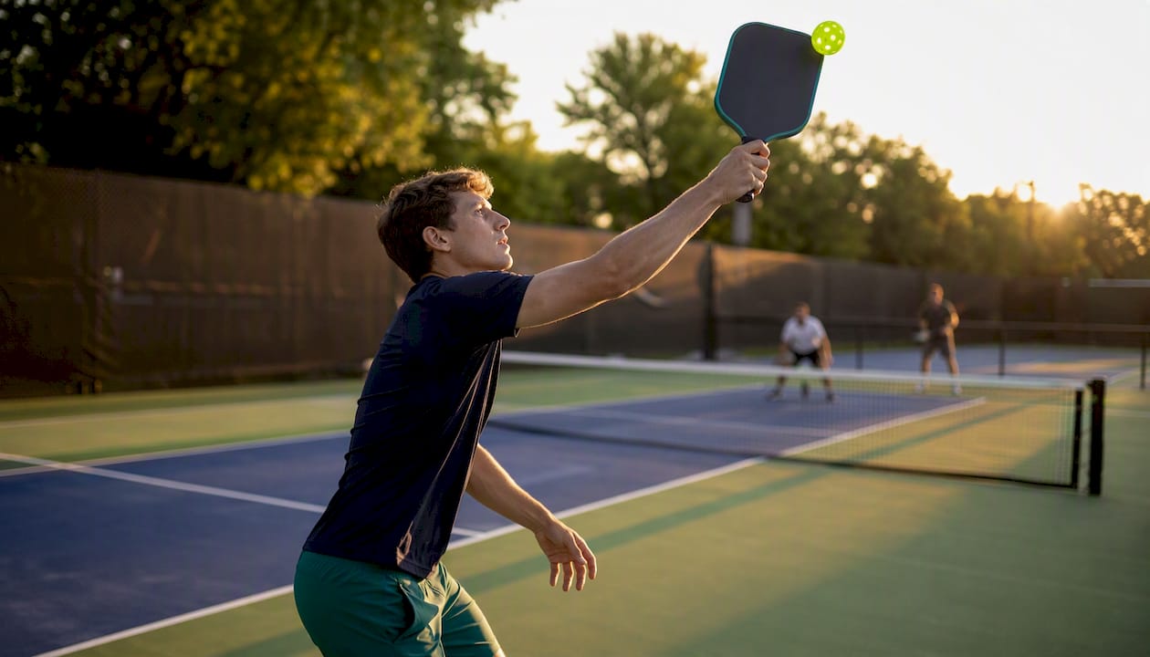 Close-up of pickleball serve in action