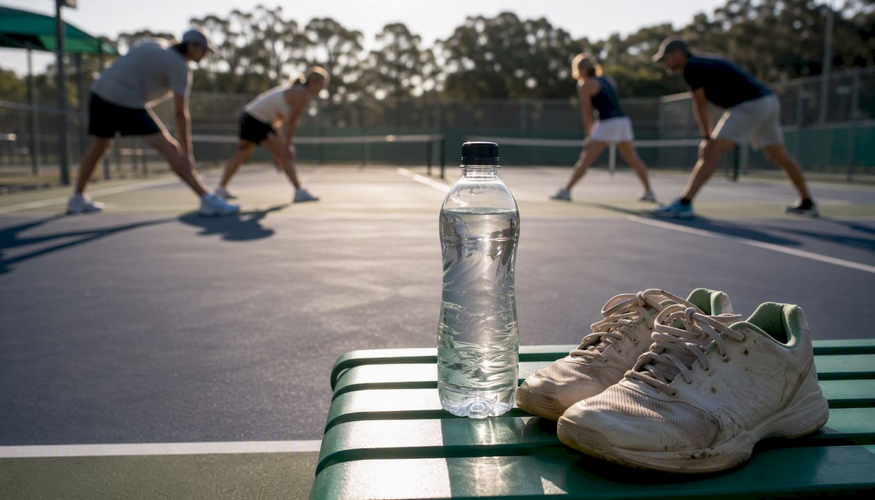 Water bottle and court shoes during pickleball break