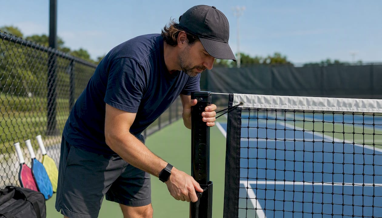 Volunteer adjusting pickleball net outdoors