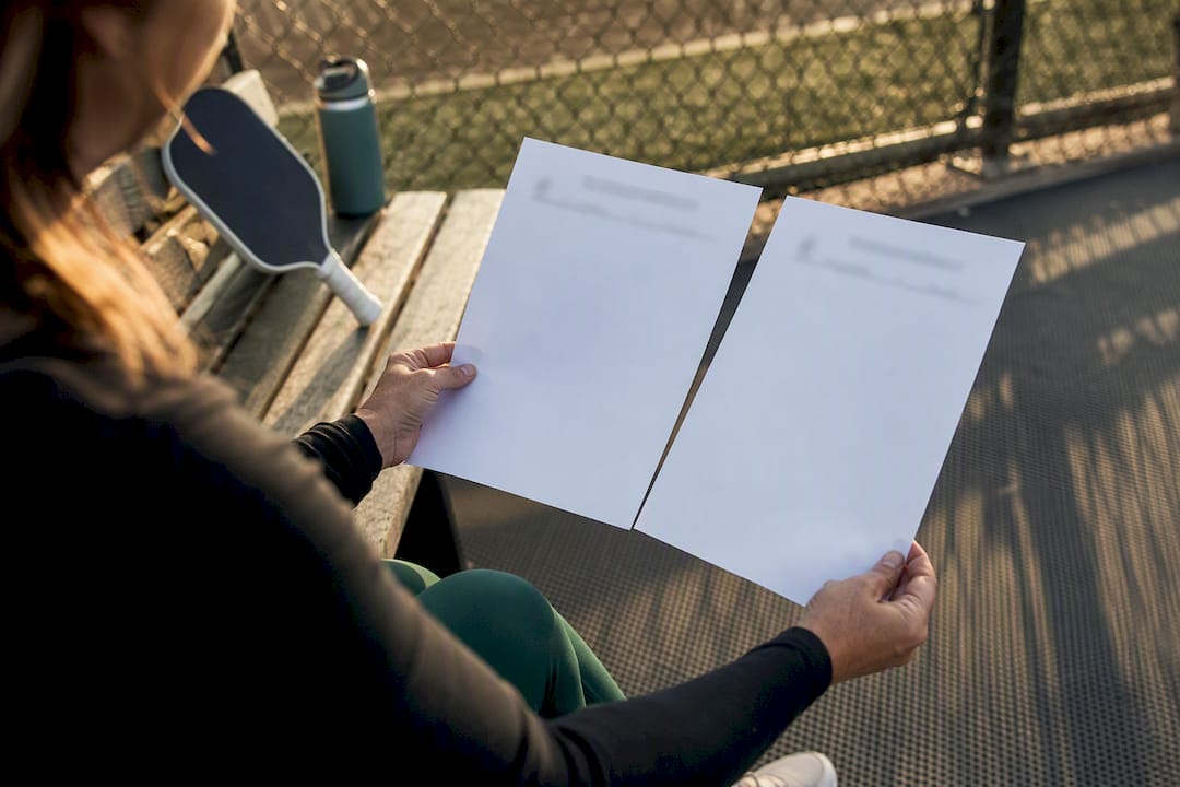 Organizer holding two comparison sheets outdoors
