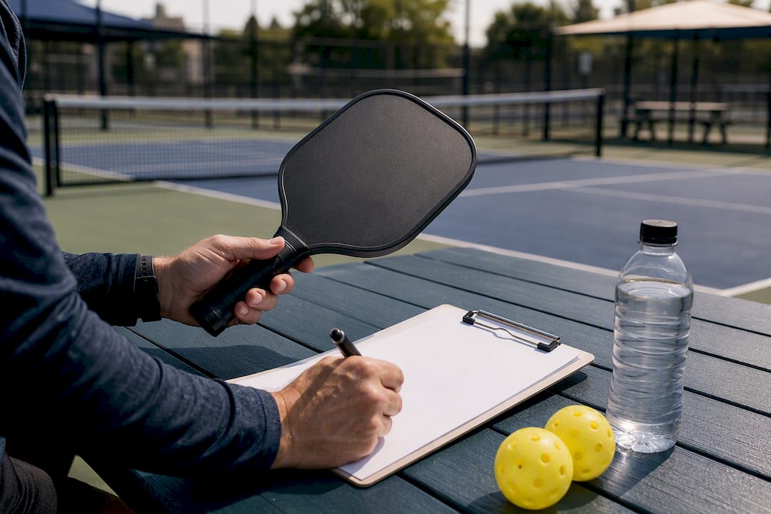 Hands holding paddle over league registration forms
