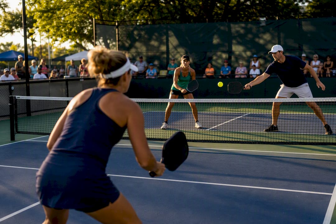 Doubles pickleball teams volleying at net
