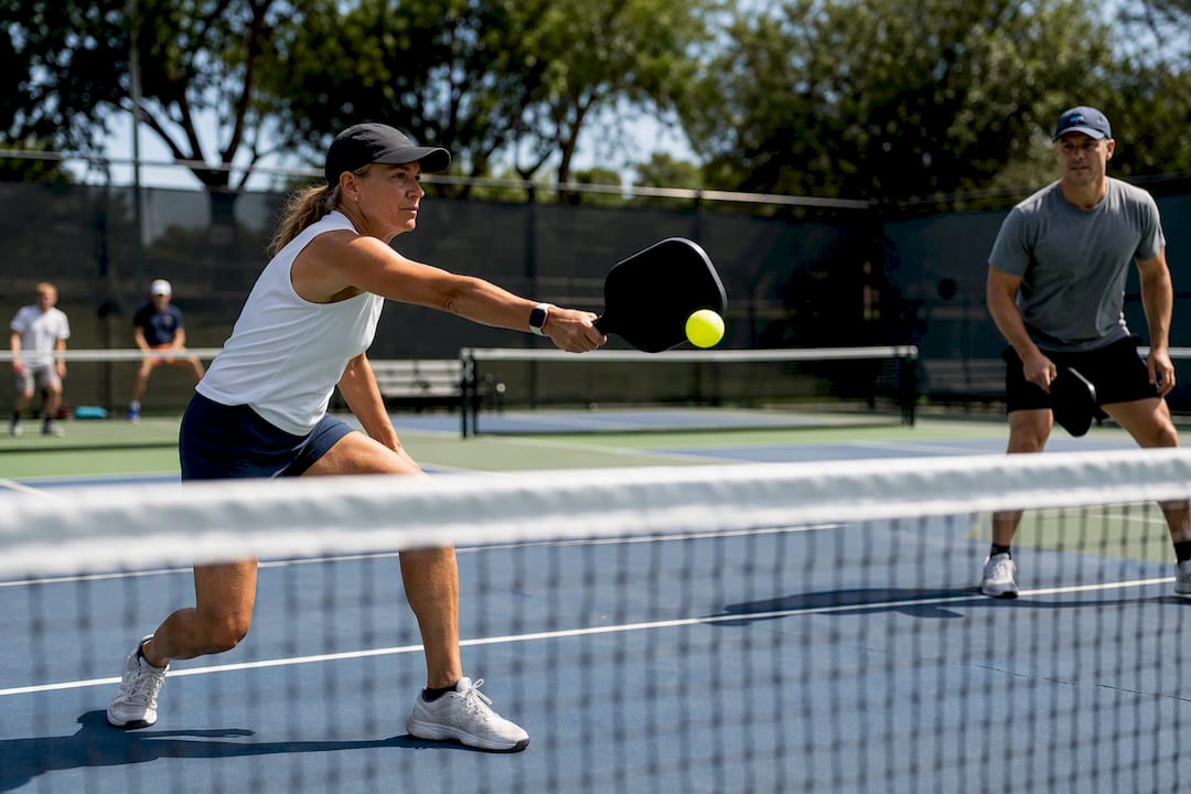 Players volleying on pickleball court mid-match