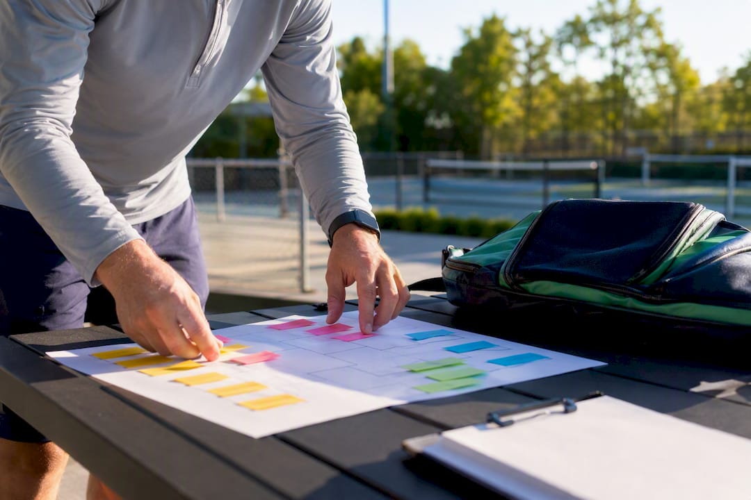 Hands arranging pickleball tournament bracket sheets
