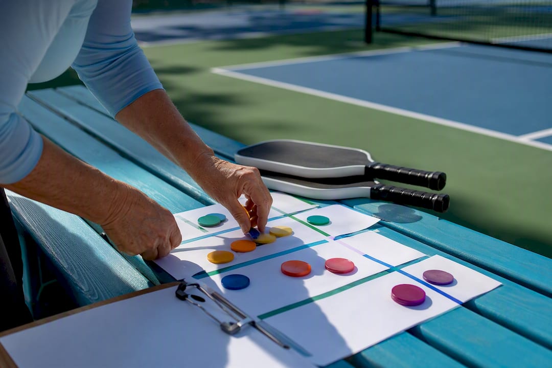 Hands placing pickleball match schedules on bench