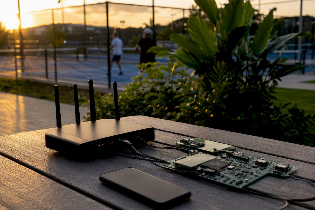 Wireless router and tech devices on desk
