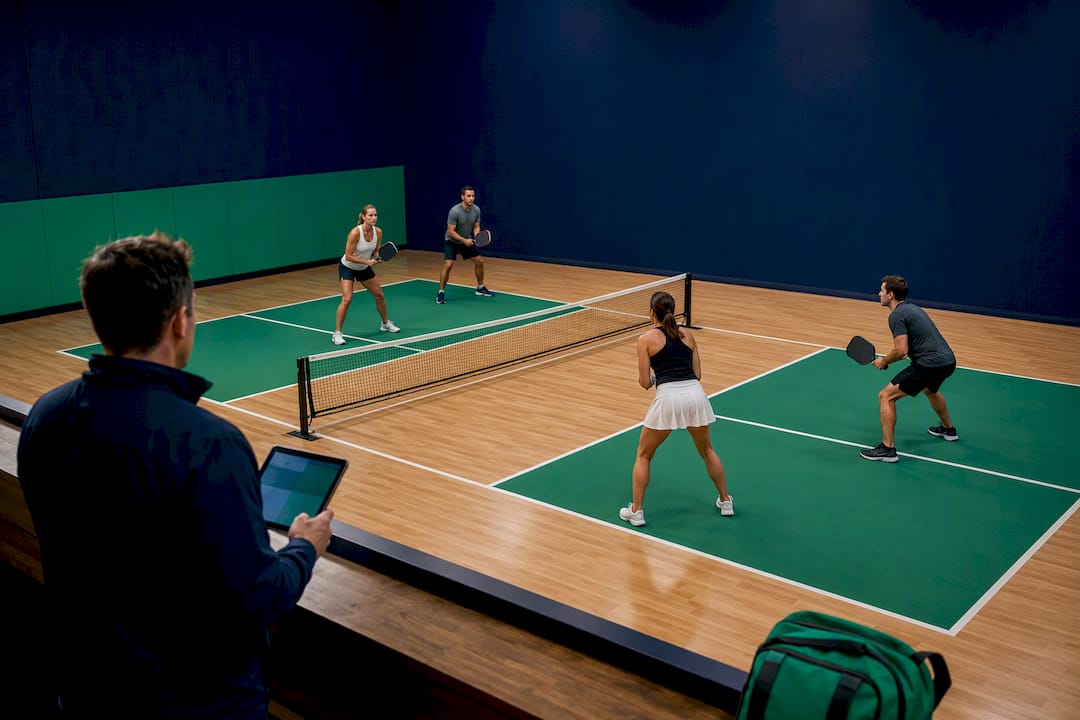 Mixed doubles teams positioned on pickleball court