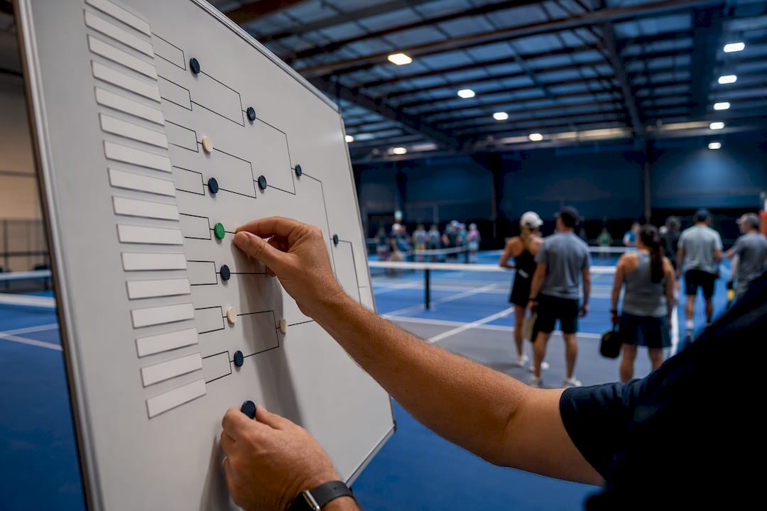 Organizer arranging pickleball playoff bracket markers