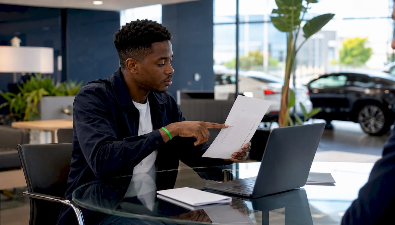Hands reviewing vehicle transaction invoice