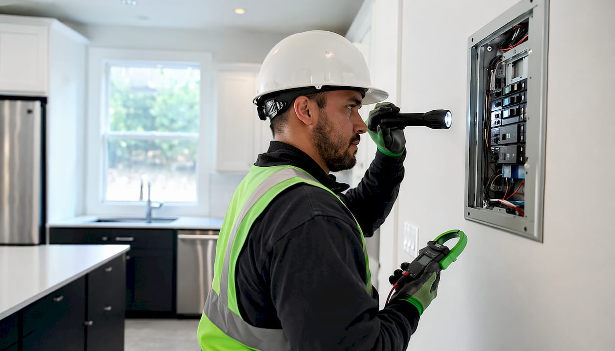 Electrician inspecting electrical panel in Toronto home
