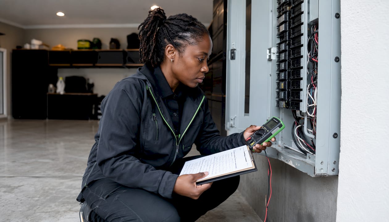 Electrician checking electrical panel capacity in basement
