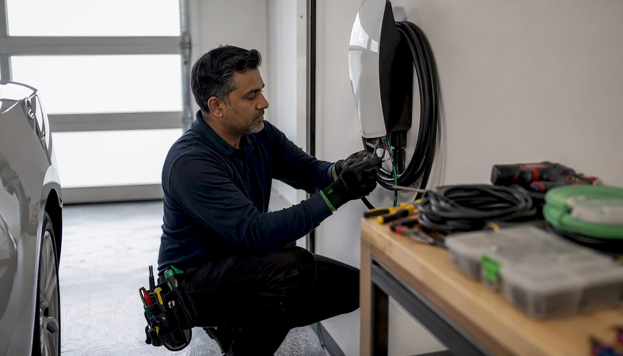 Electrician installing Tesla Wall Connector in Toronto home garage
