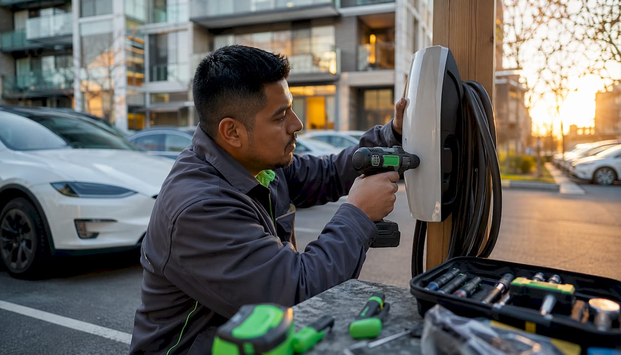 Technician installing Tesla charger outdoors at condo parking