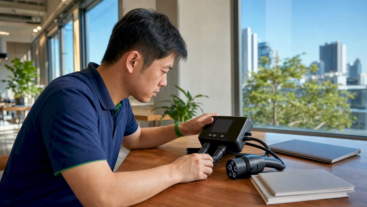 Technician checking EV charger power meter indoors