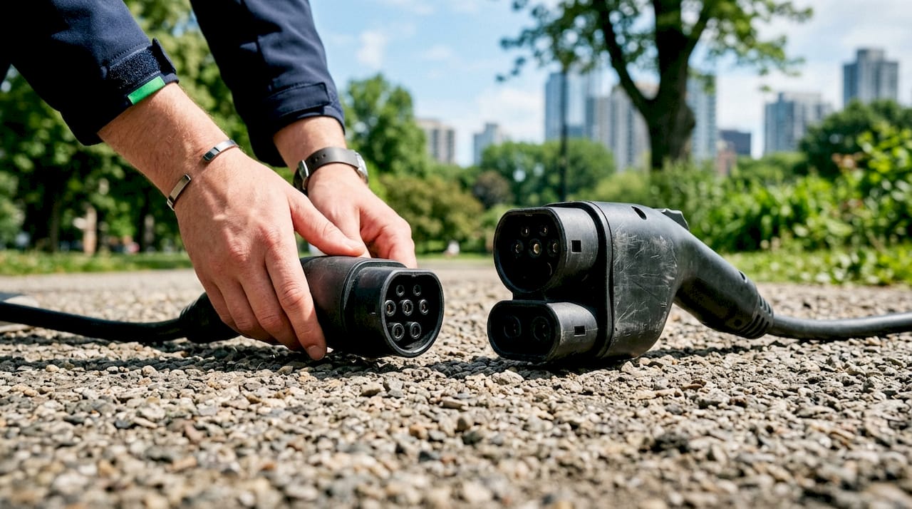 Close-up of NACS and CCS EV charging connectors side by side