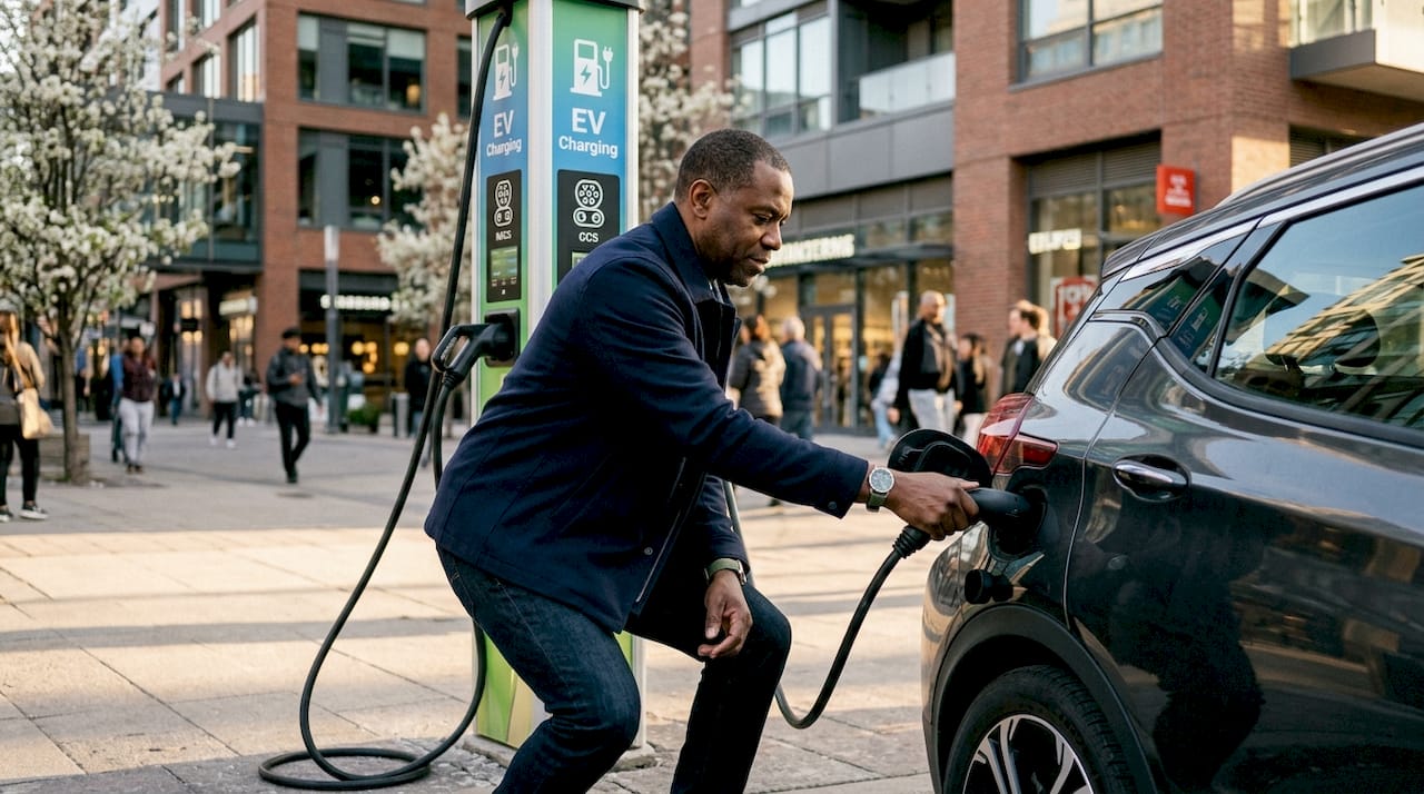 Man using Canadian EV charging station with NACS connector