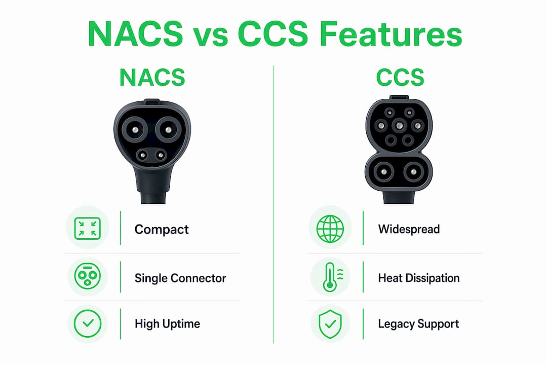 Infographic showing comparison of NACS and CCS EV charging features