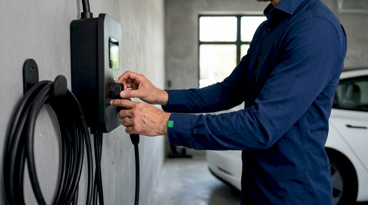 Hands adjusting smart home EV charger settings