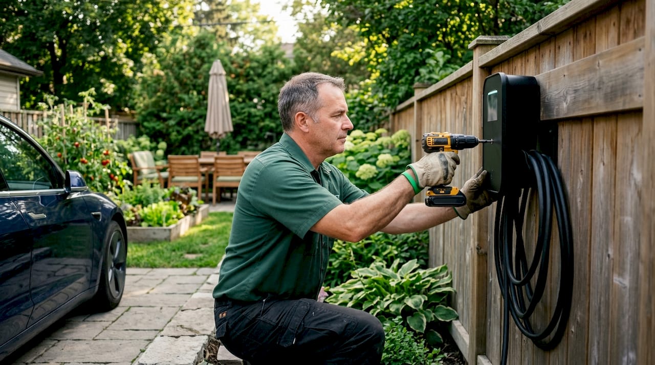 Man installing home EV charger on house exterior