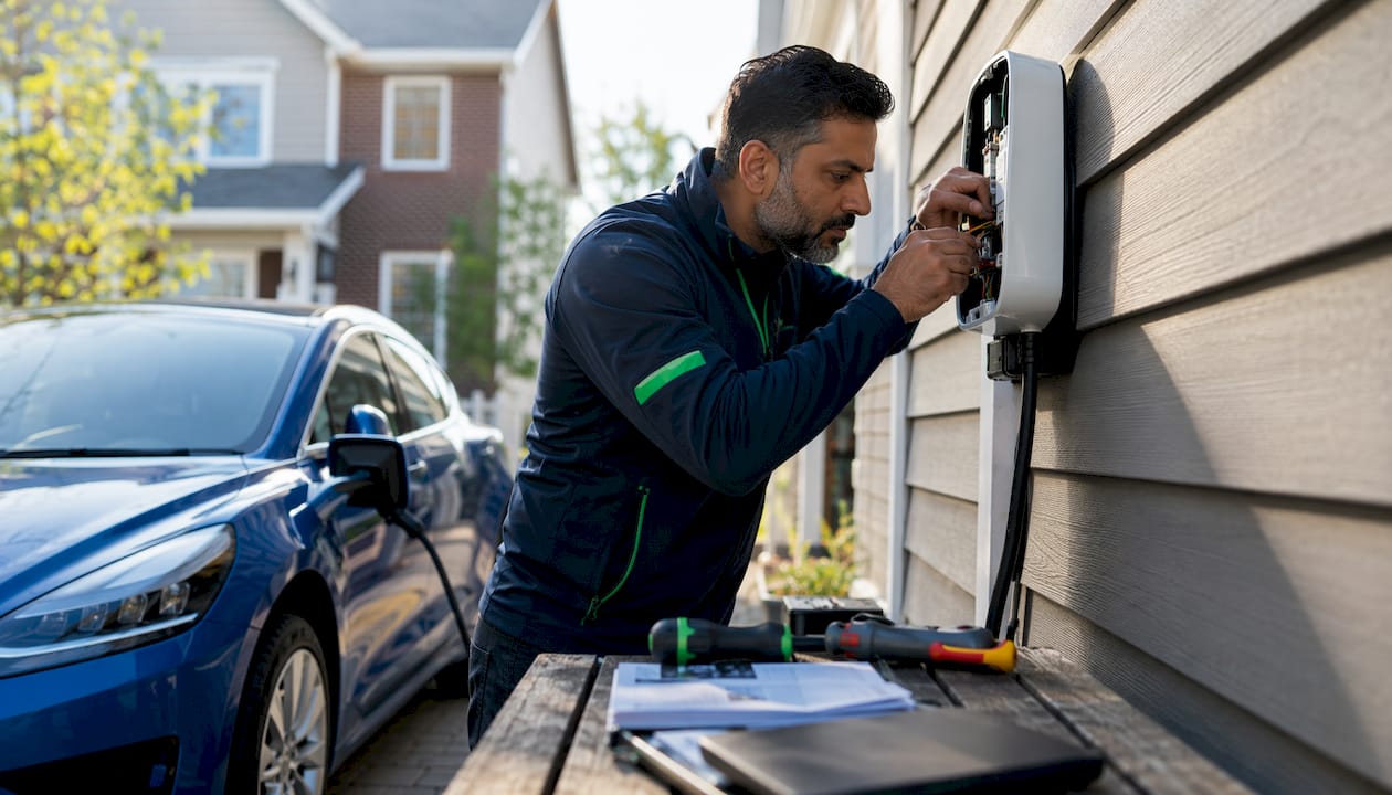 Electrician installing EV charger at Toronto home