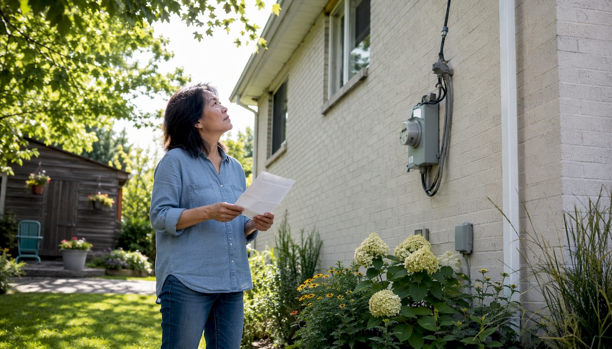 Homeowner inspecting hydro service outside house