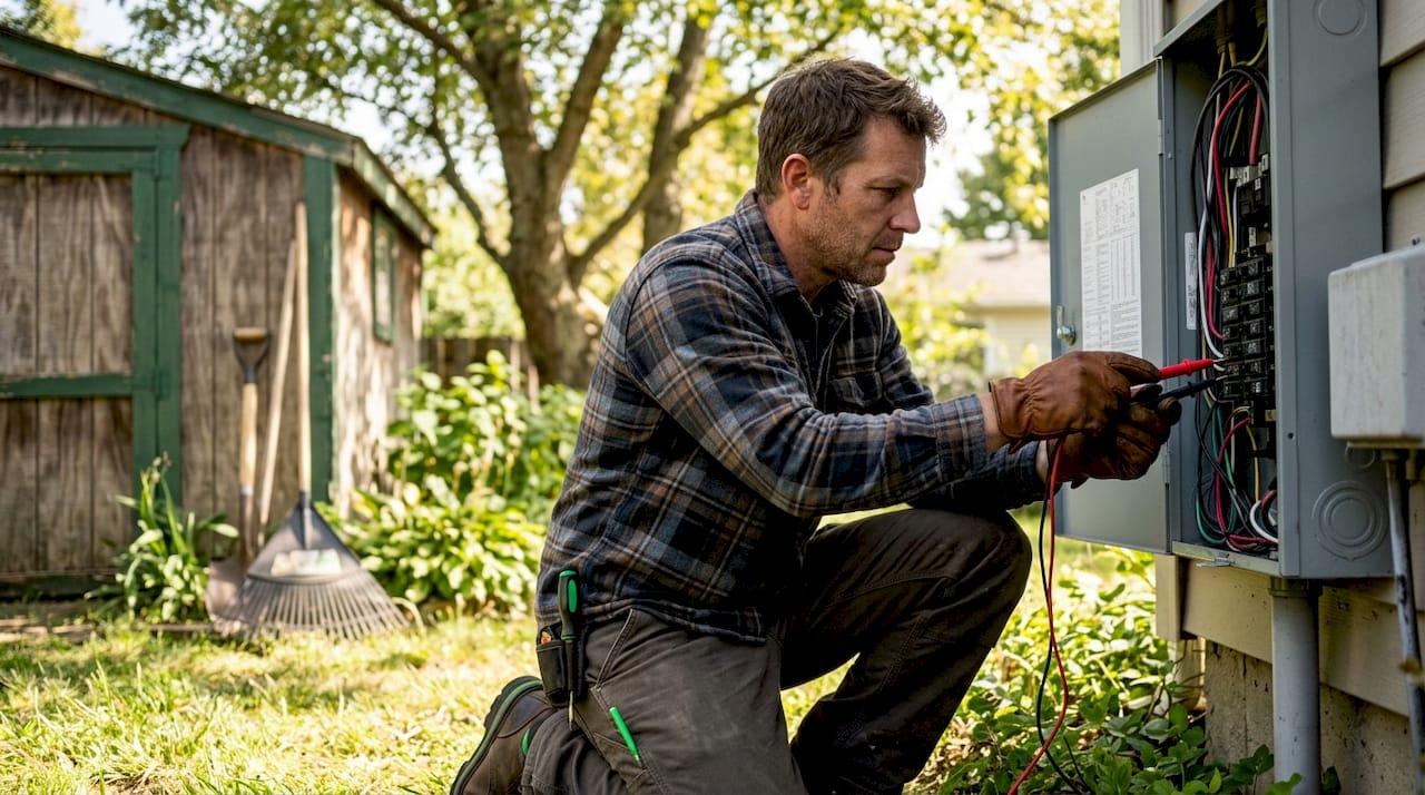 Electrician inspecting residential electrical panel