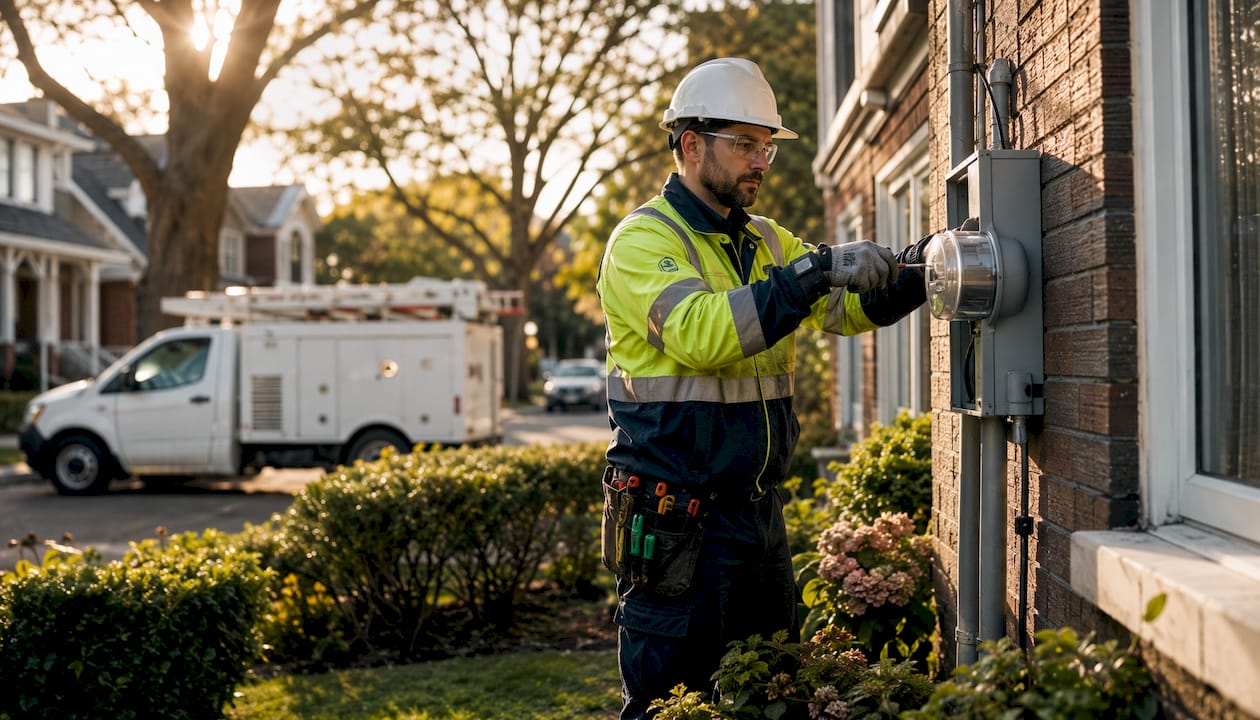 Hydro technician disconnecting residential power meter