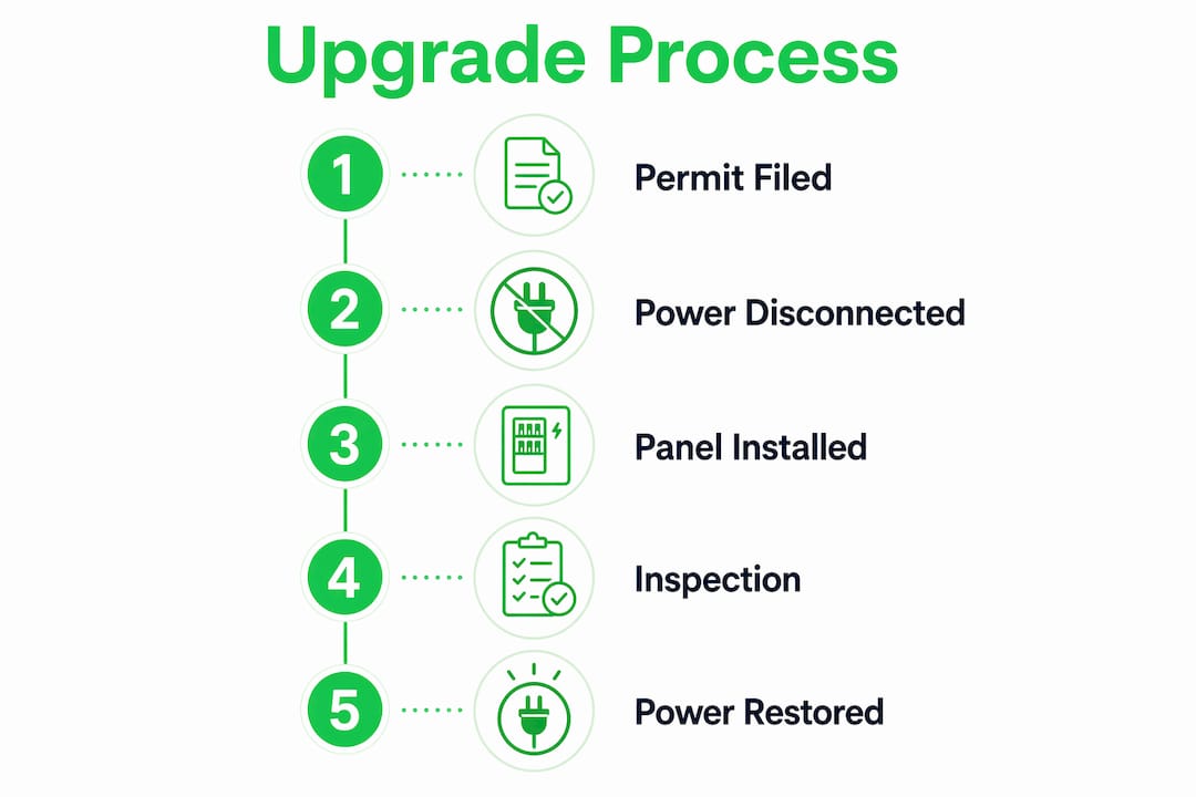 Infographic showing 200 amp panel upgrade process steps
