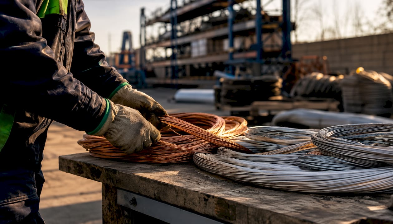 Hands holding copper and aluminum wire coils on worktable
