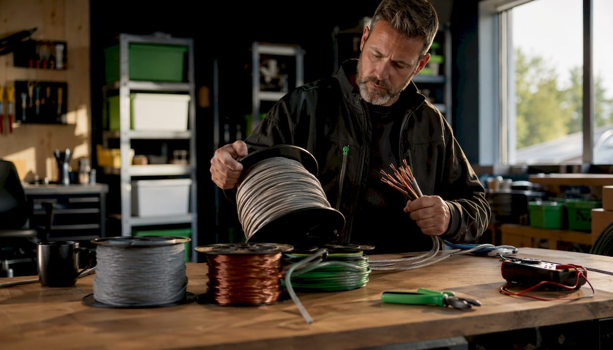 Electrician comparing copper and aluminum wire coils