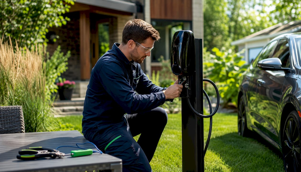 Electrician installing pedestal EV charger at driveway
