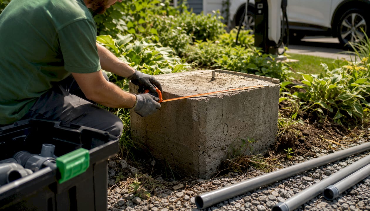 Close-up of EV charger concrete foundation with conduit