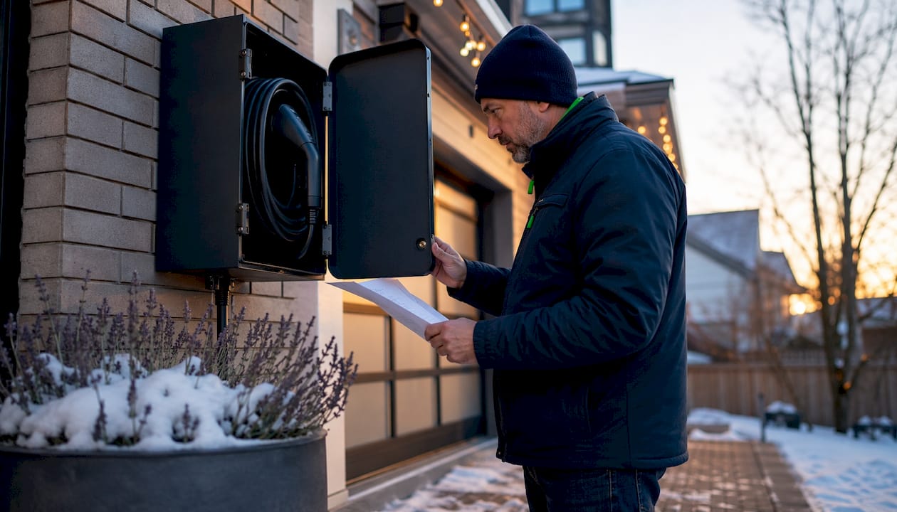 Toronto homeowner inspects EV charger enclosure outdoors