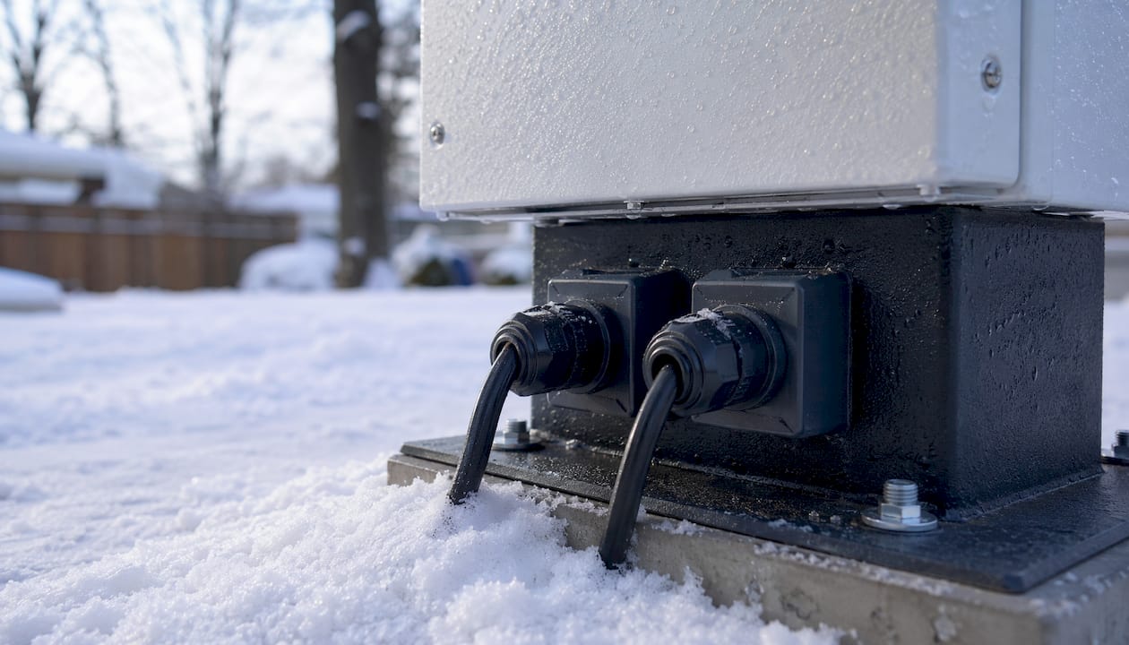 Close-up of winterproof EV enclosure cable entry